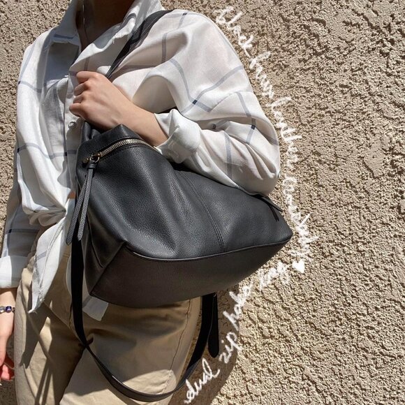 Slouchy Black Faux-Leather Shoulder Bag + Removable Adjustable Crossbody Strap - Picture 2 of 8